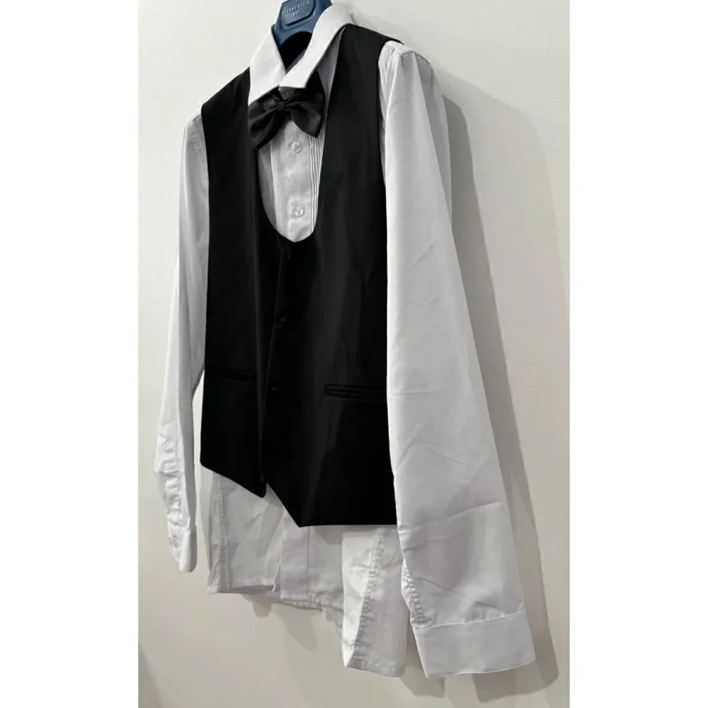 New Perry Ellis Boy's Size 16 White Tuxedo shirt,Black vest & bow tie adjustable